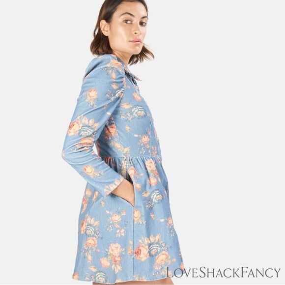 LOVESHACKFANCY **NWT** Beyers Corduroy Mini Dress in Faded Denim Floral - Picture 3 of 16